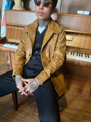 A man wearing a Suede tan jacket