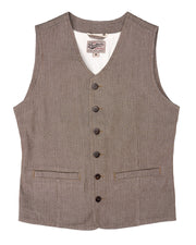 Brown herringbone vest with buttons and pockets on white background.