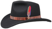 Black Stetson hat made of felt material with a brown leather band and a gold detail on the side, photographed against a white background