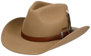 Beige Stetson hat made of felt material with a brown leather band and a silver detail on the side, photographed against a white background