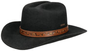 Black Stetson hat made of felt material with a decorative brown leather band featuring engraved floral patterns and metal details, photographed against a white background.