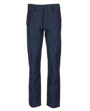 Blue pinstripe dress pants on a white background.