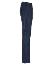 Blue pinstripe dress pants on a white background.