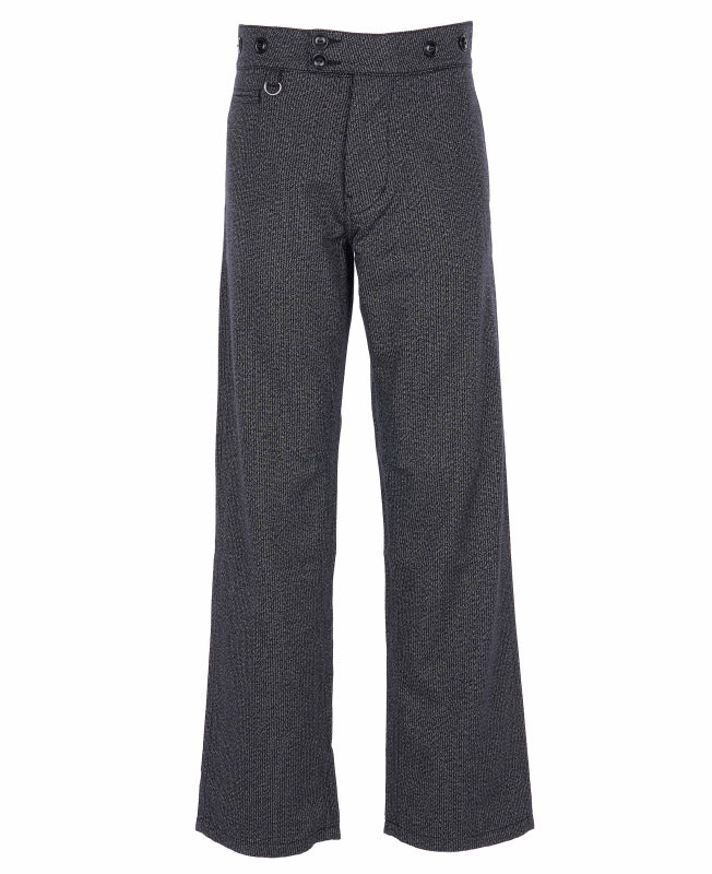 Gray wide-leg trousers with a high waist, two buttons at the waistband, and a decorative ring detail