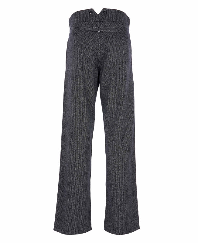 Gray wide-leg trousers with a high waist, two buttons at the waistband, and a decorative ring detail