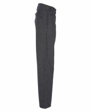 Gray wide-leg trousers with a high waist, two buttons at the waistband, and a decorative ring detail