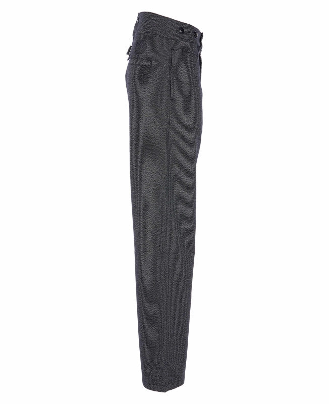 Gray wide-leg trousers with a high waist, two buttons at the waistband, and a decorative ring detail