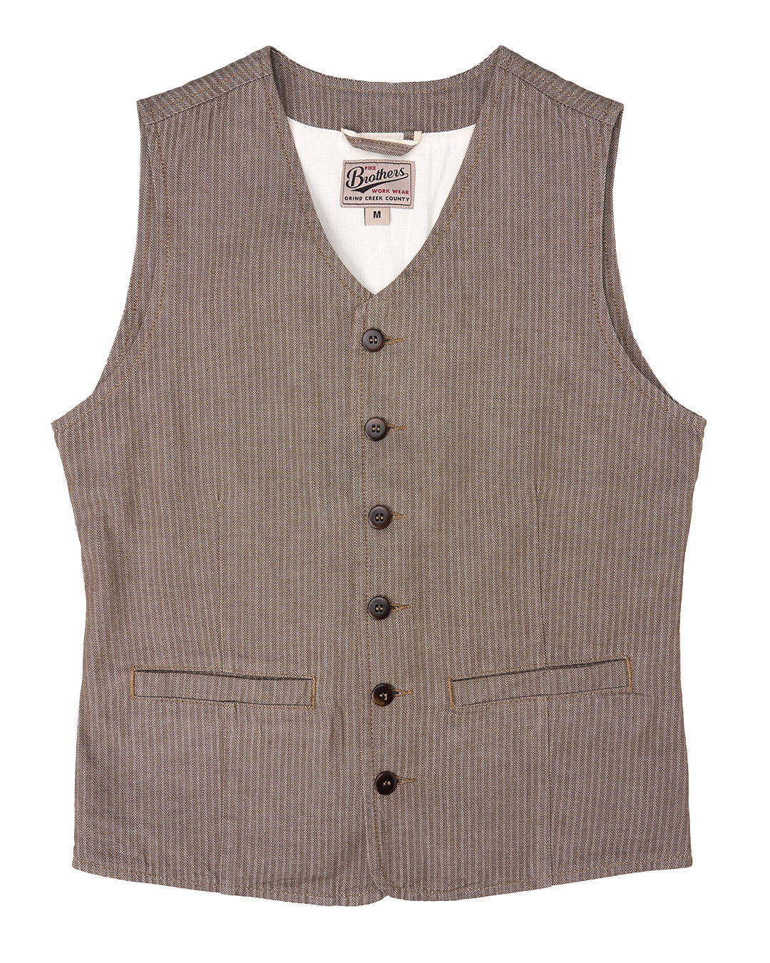 Brown herringbone vest with buttons and pockets on white background.