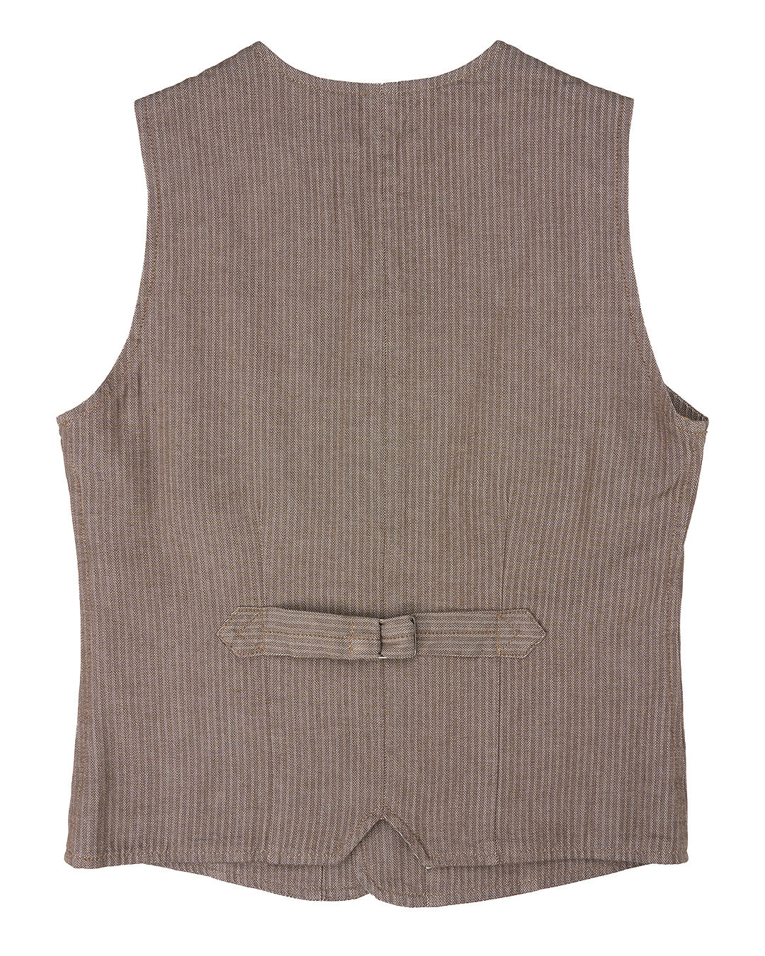 Brown herringbone vest with buttons and pockets on white background.