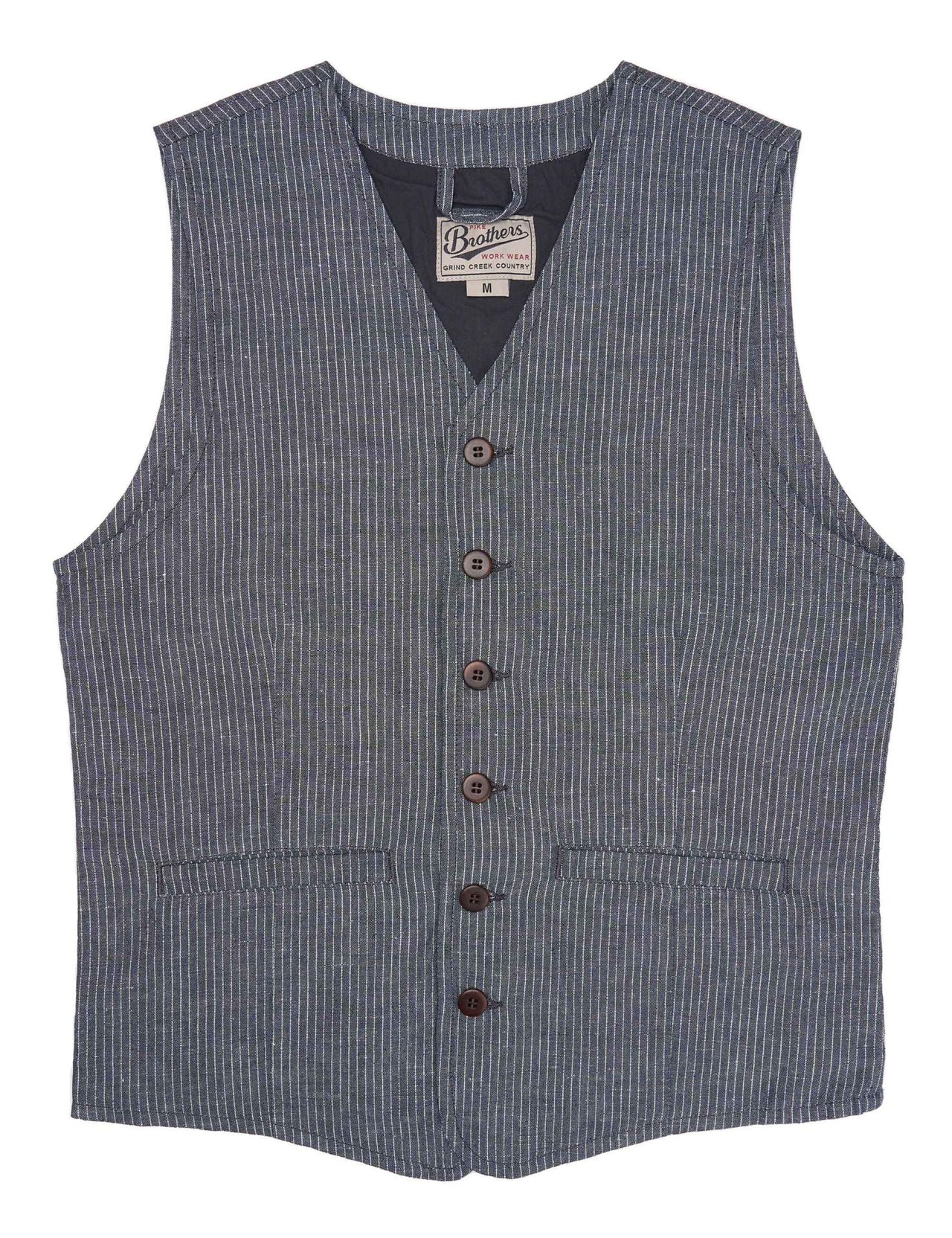 Gray pinstriped vest with buttons and front pockets on a white background.