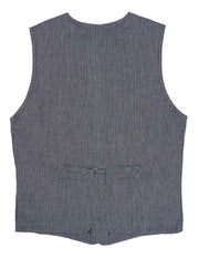 Gray pinstriped vest with buttons and front pockets on a white background.