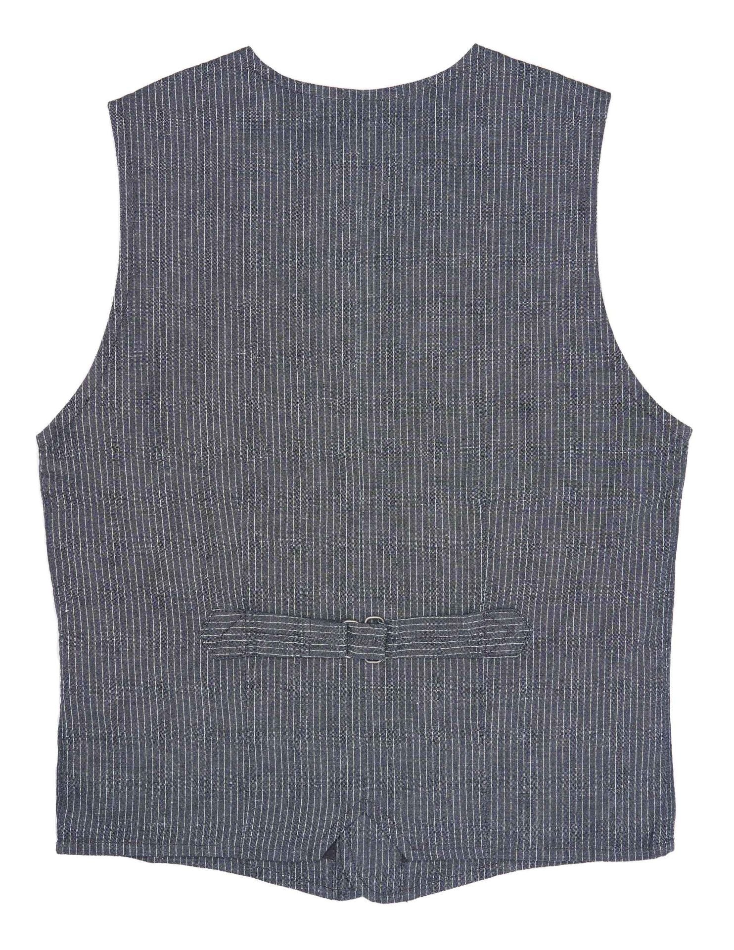 Gray pinstriped vest with buttons and front pockets on a white background.