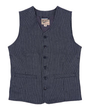 A pinstripe navy blue vest with a button-down front and two pockets on a white background.