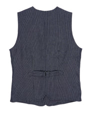 A pinstripe navy blue vest with a button-down front and two pockets on a white background.