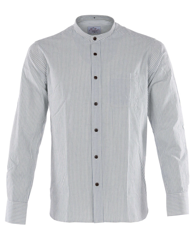 Men's striped button-up dress shirt with long sleeves on a white background.