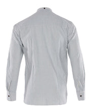 Men's striped button-up dress shirt with long sleeves on a white background.