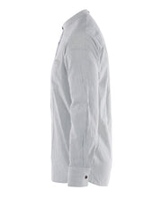 Men's striped button-up dress shirt with long sleeves on a white background.