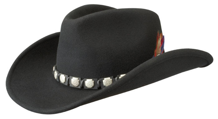 Black Stetson hat made of felt material with a black leather band and a silver detail on the side, photographed against a white background