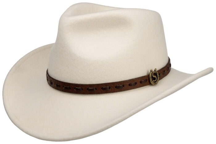 White Stetson hat made of felt material with a brown leather band and a gold detail on the side, photographed against a white background