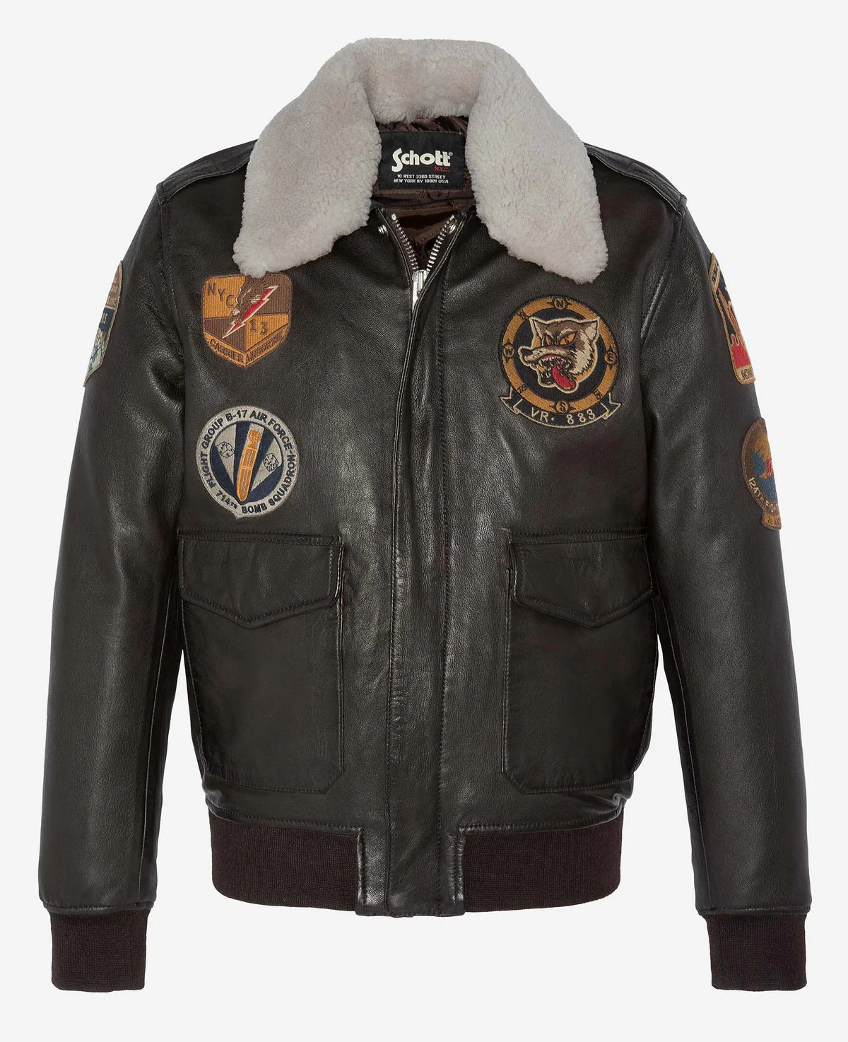 Brown leather pilot jacket with embroidered patches on the front and sleeves, featuring a white shearling collar and ribbed cuffs and hem, photographed against a white background.