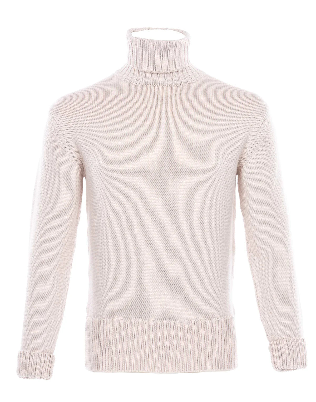 Cream-colored turtleneck sweater on white background.