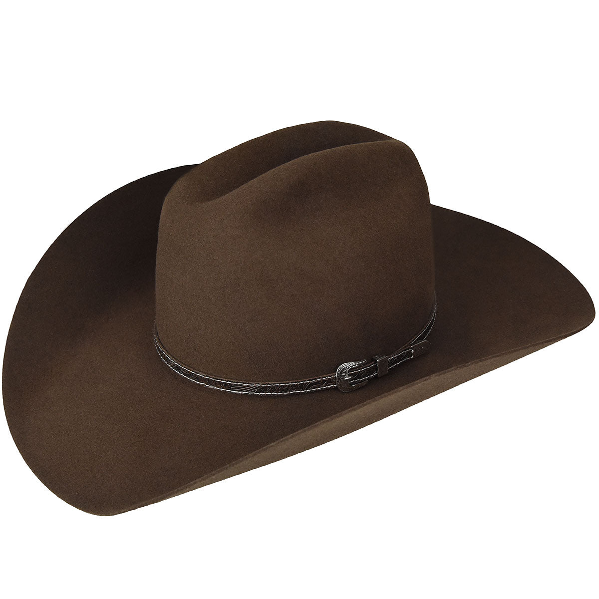 Brown Western-style hat with a wide brim, a creased crown, and a braided band detail