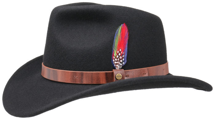 Black Stetson hat made of felt material with a brown leather band and a gold detail on the side, photographed against a white background