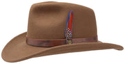 Beige Stetson hat made of felt material with a brown leather band and a silver detail on the side, photographed against a white background